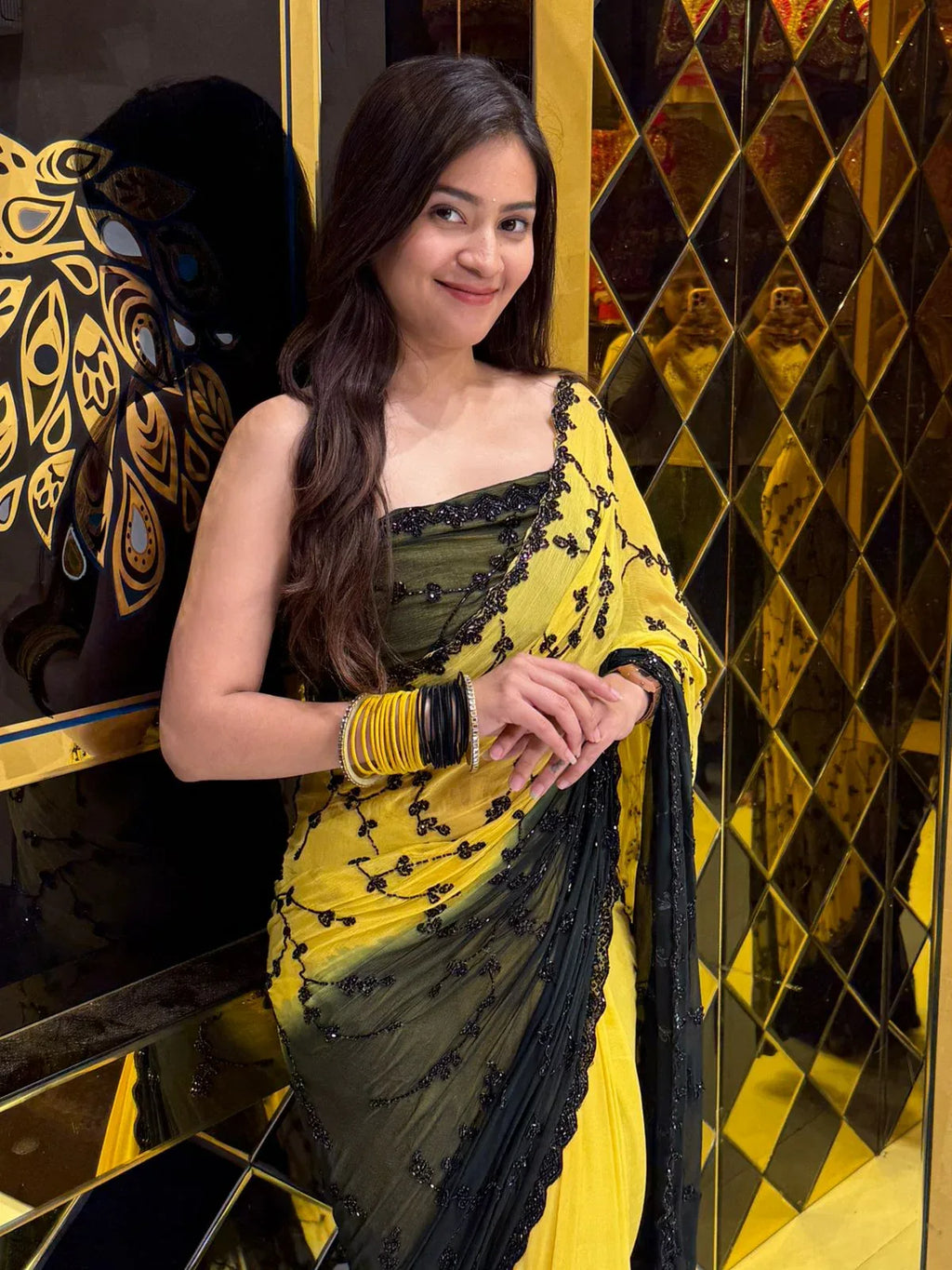 Yelllow Black Handwork Pure Chiffon Partywear Saree (241)