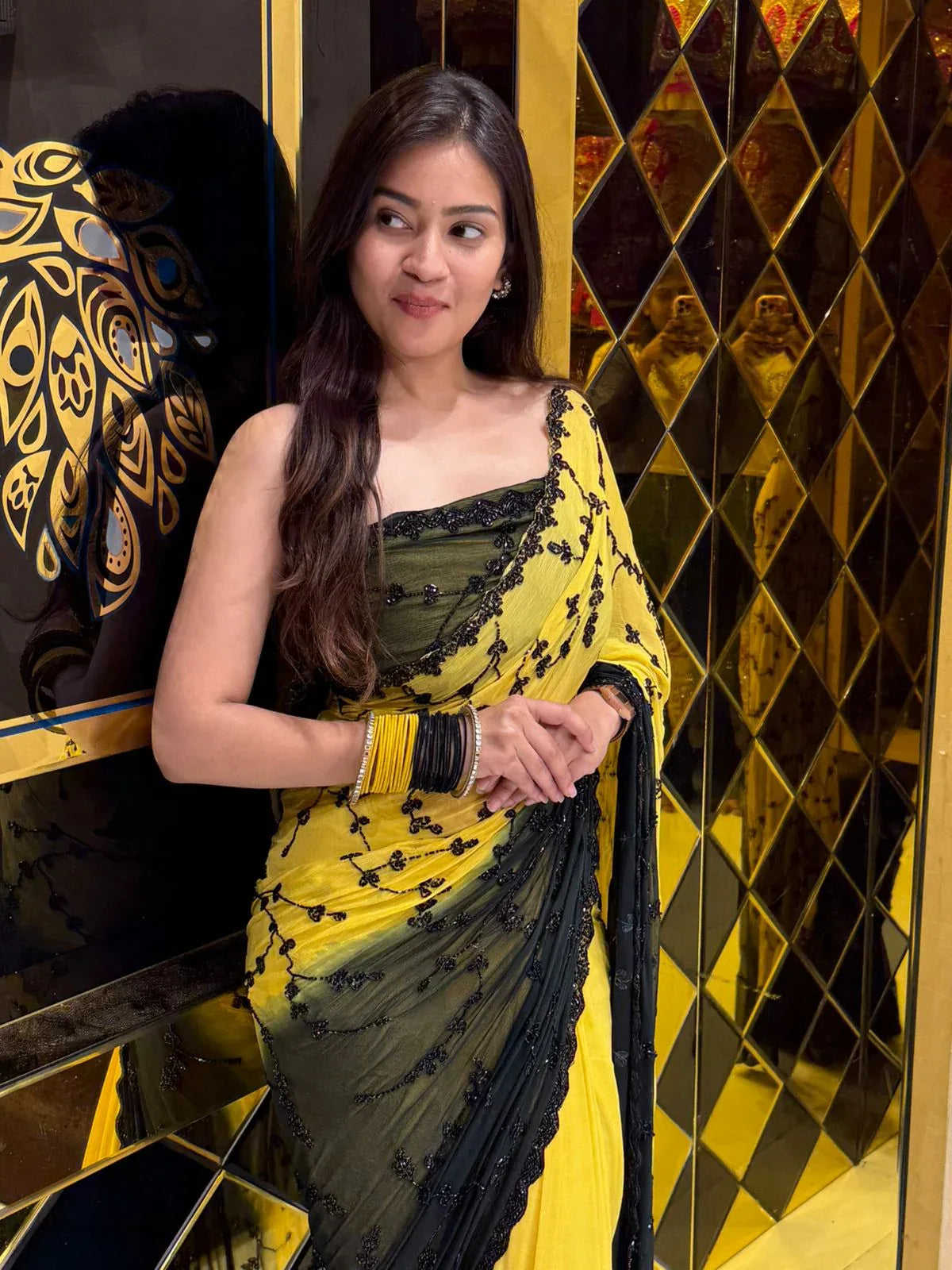 Yelllow Black Handwork Pure Chiffon Partywear Saree (241)