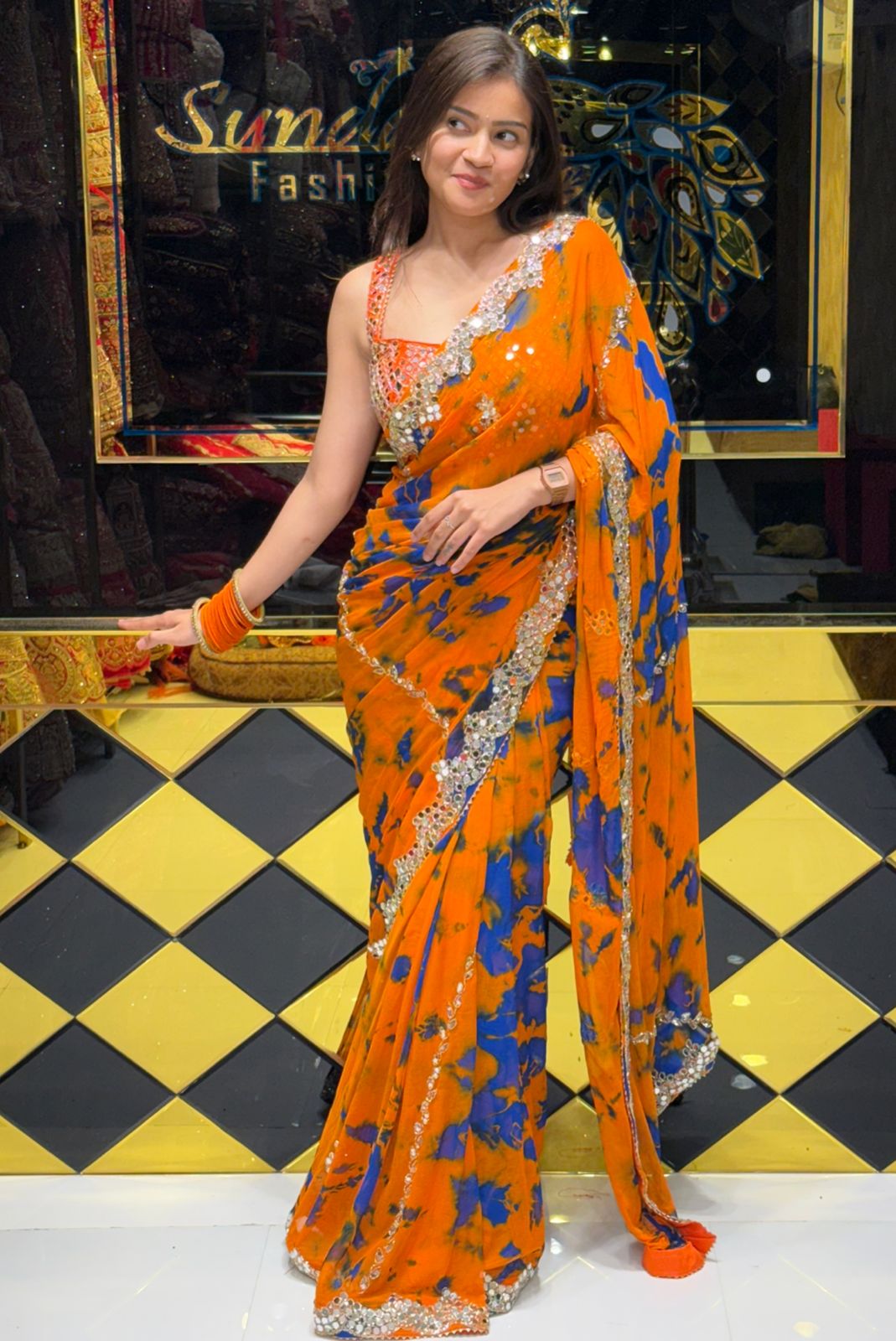Orange Shibori Mirrorwork Celebrity Style Saree (245)