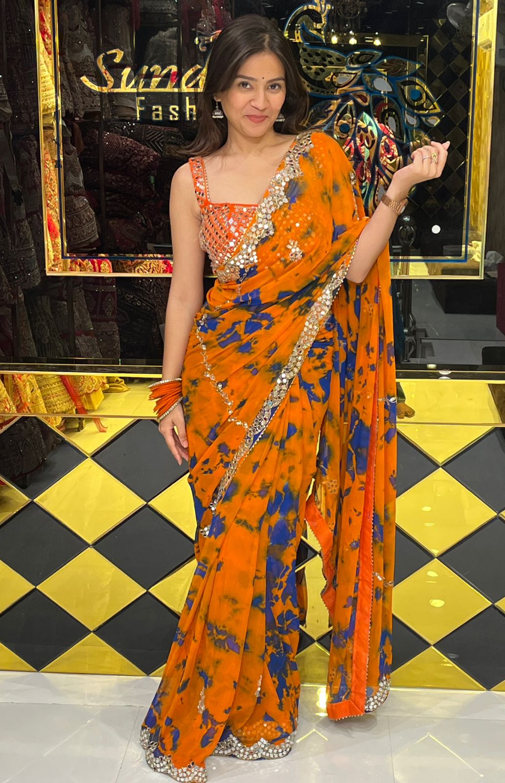 Orange Shibori Mirrorwork Celebrity Style Saree (245)