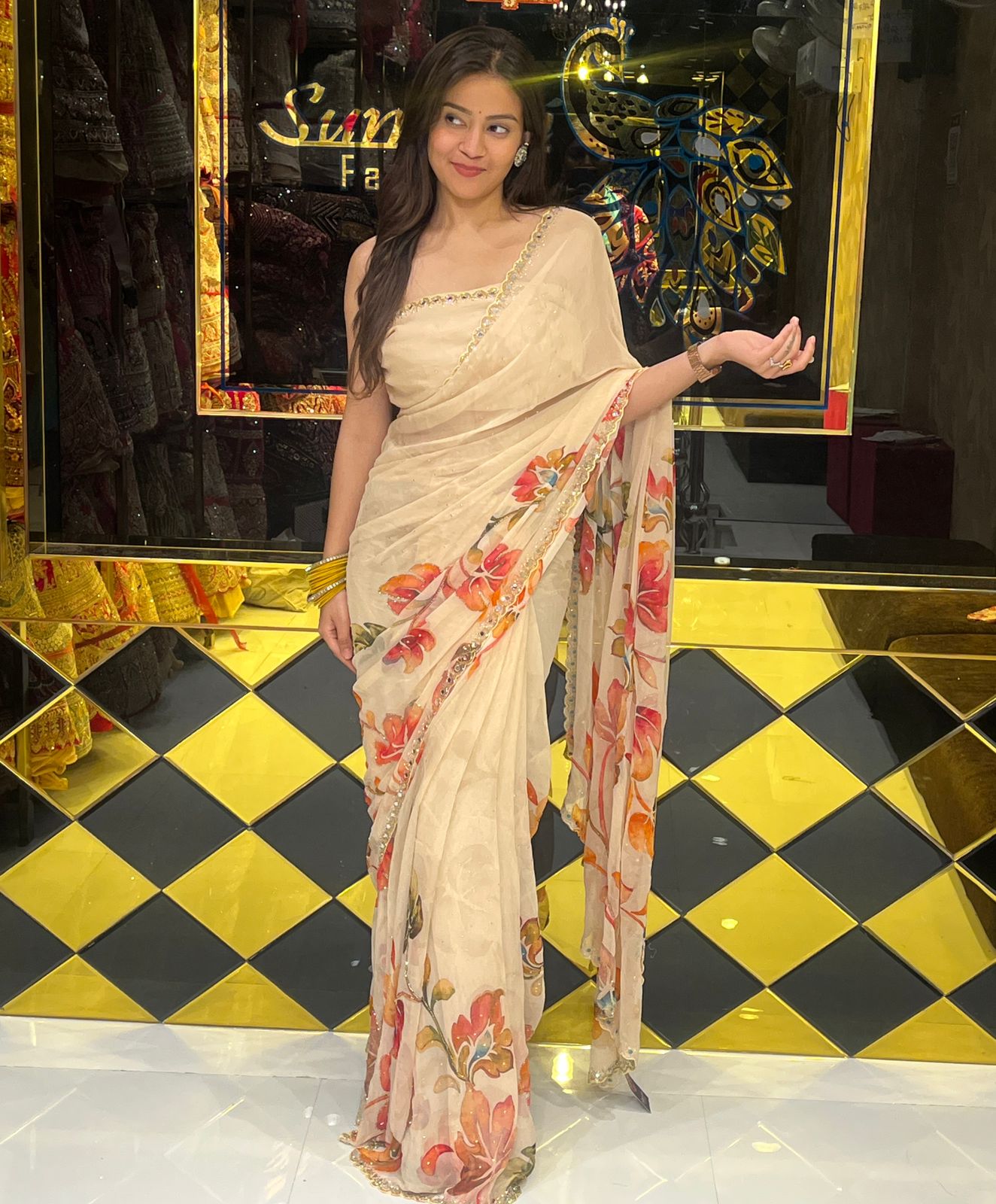 Premium Beige Floral Handwork Designer Saree (246)