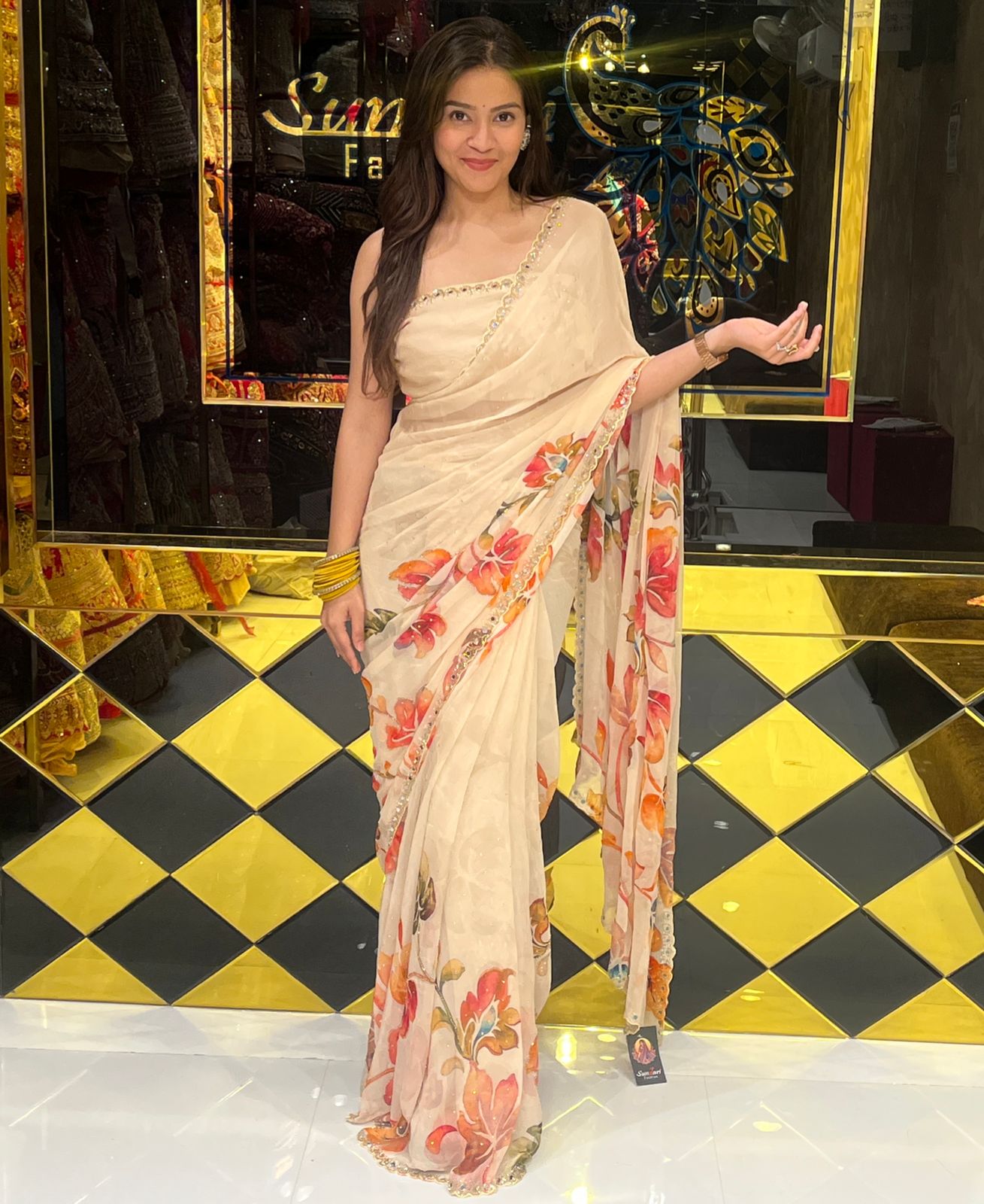 Premium Beige Floral Handwork Designer Saree (246)