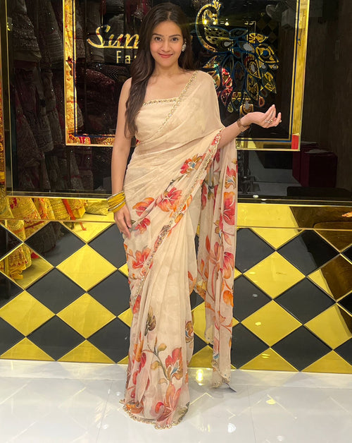 Premium Beige Floral Handwork Designer Saree (246)