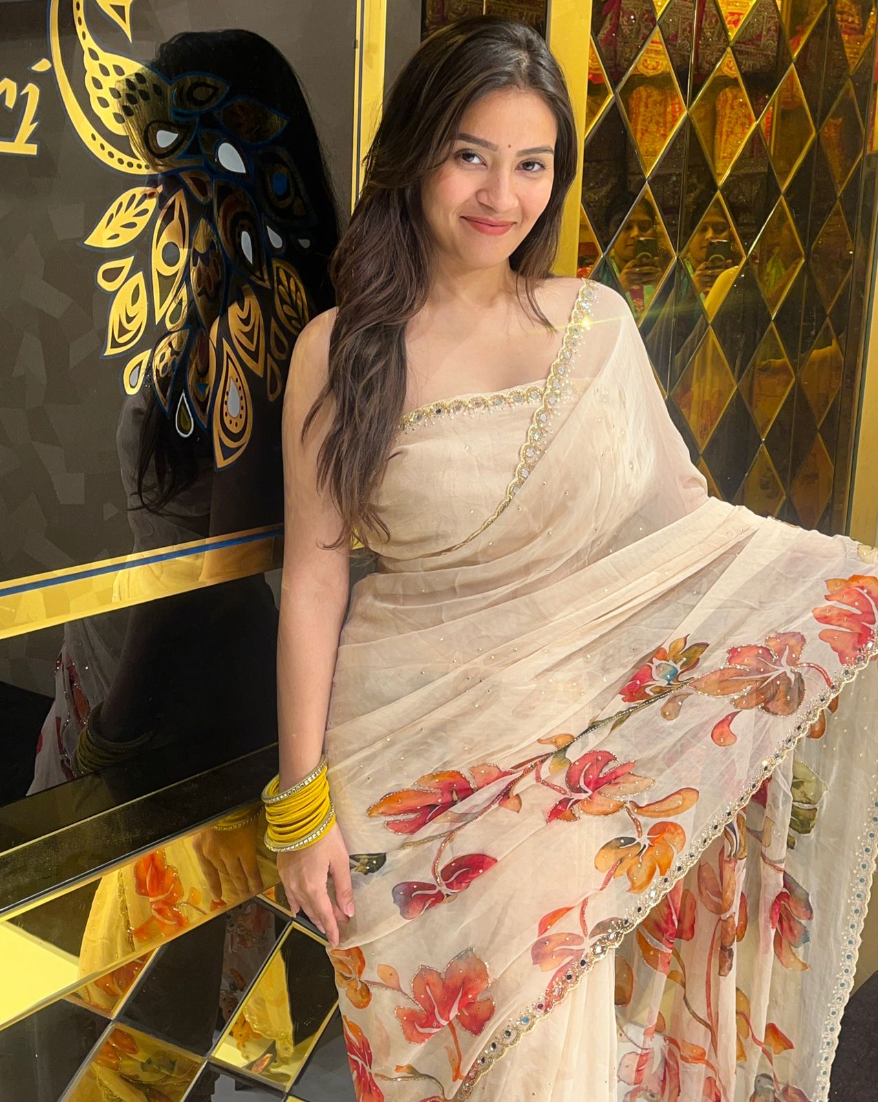 Premium Beige Floral Handwork Designer Saree (246)