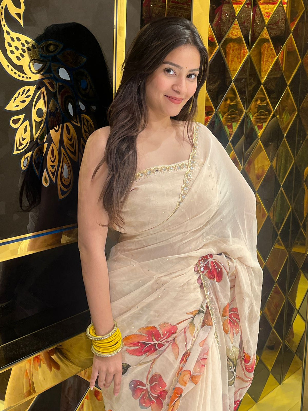 Premium Beige Floral Handwork Designer Saree (246)