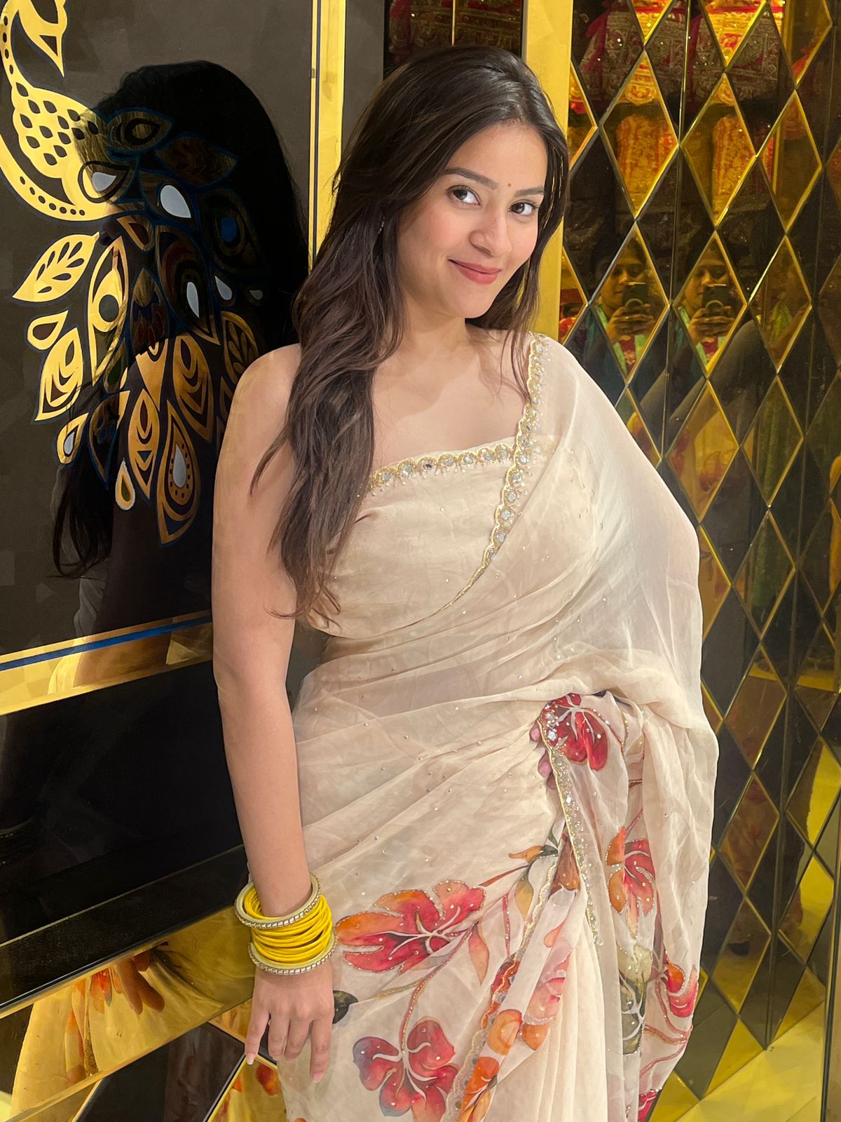 Premium Beige Floral Handwork Designer Saree (246)