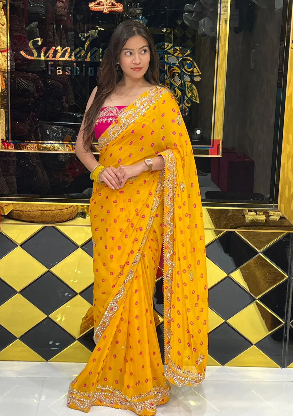 Mustard Colour Pure Chiffon Bandhani Mirror Work Saree (249)