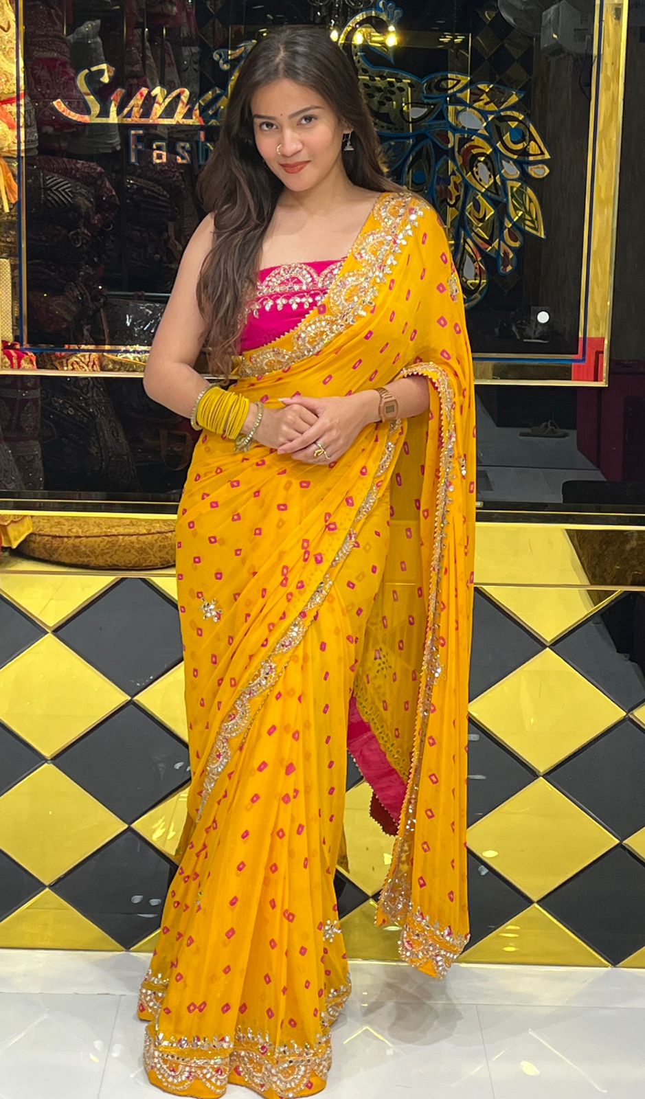 Mustard Colour Pure Chiffon Bandhani Mirror Work Saree (249)