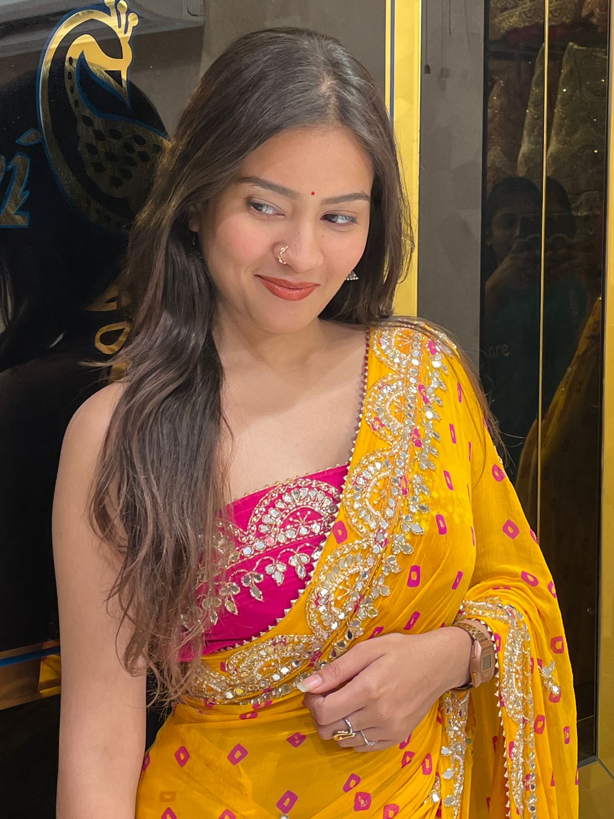 Mustard Colour Pure Chiffon Bandhani Mirror Work Saree (249)