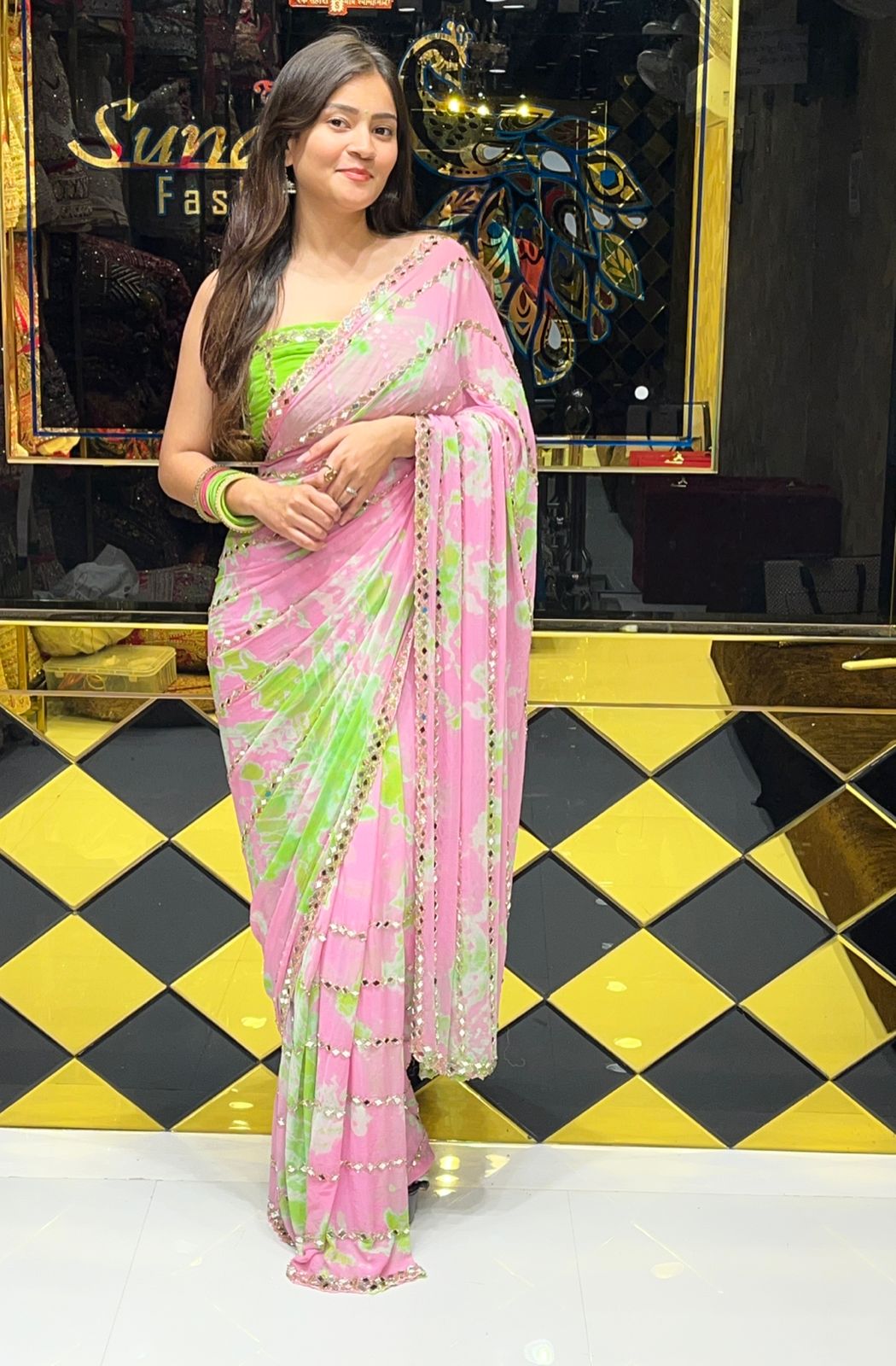 Pastel Shade Original Mirror Work Saree (251)