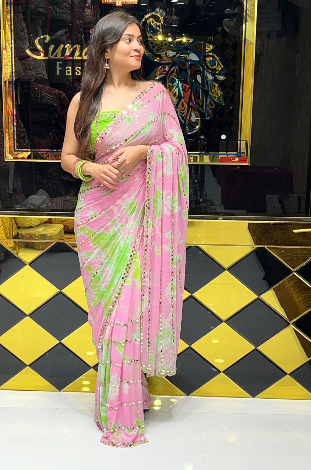 Pastel Shade Original Mirror Work Saree (251)