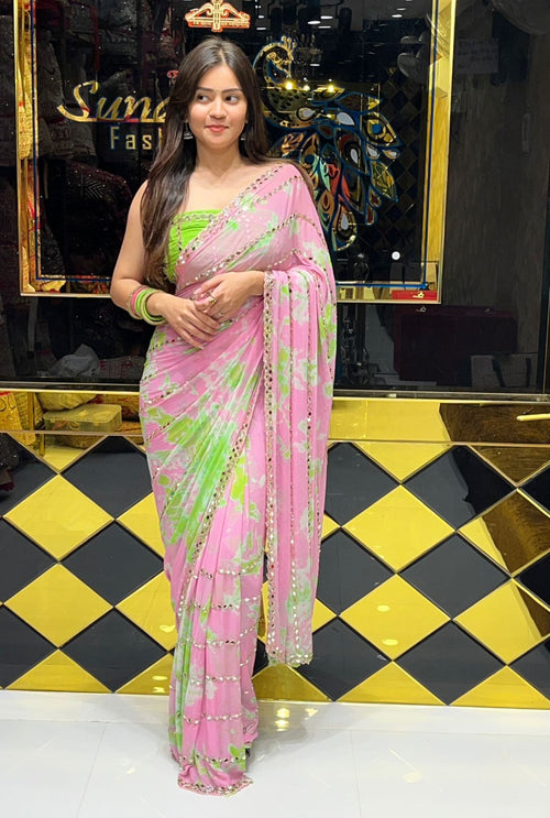 Pastel Shade Original Mirror Work Saree (251)