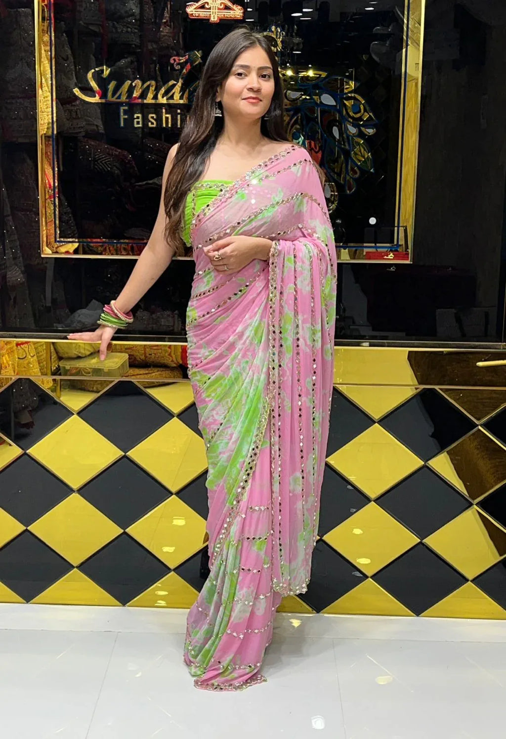 Pastel Shade Original Mirror Work Saree (251)