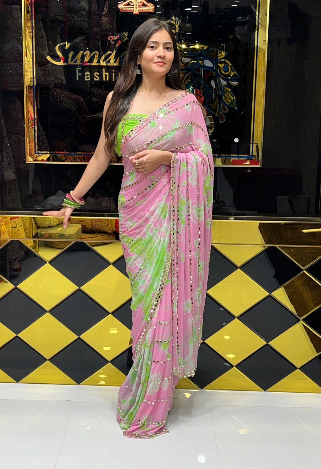 Pastel Shade Original Mirror Work Saree (251)