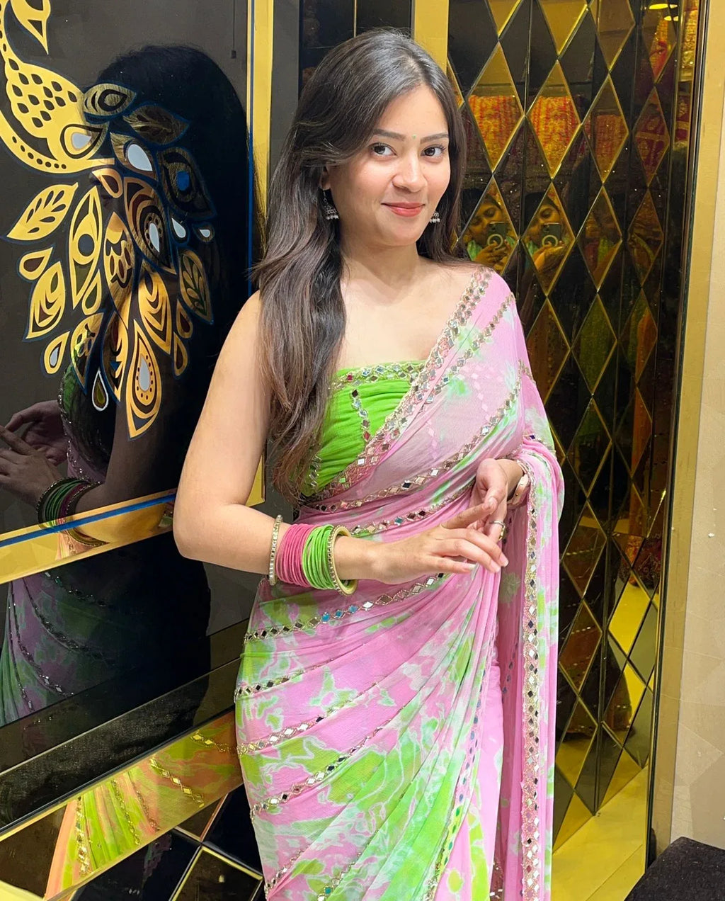 Pastel Shade Original Mirror Work Saree (251)