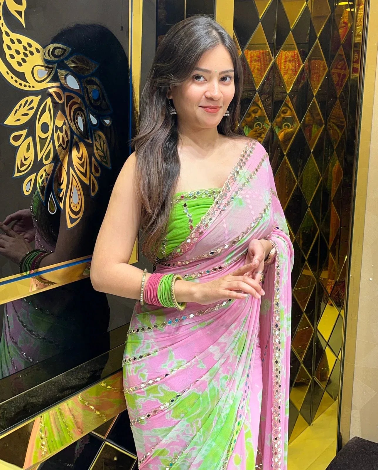 Pastel Shade Original Mirror Work Saree (251)