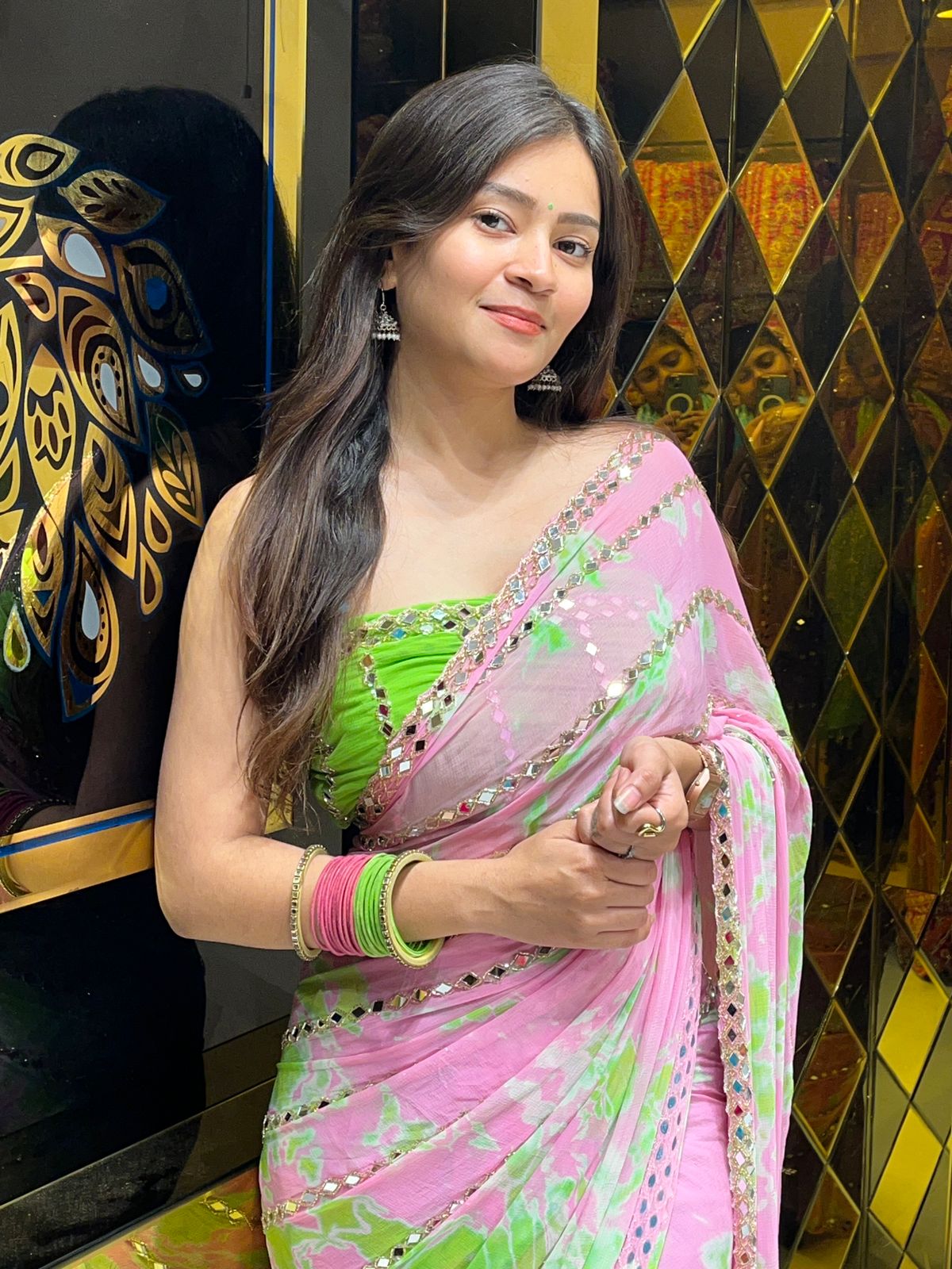 Pastel Shade Original Mirror Work Saree (251)