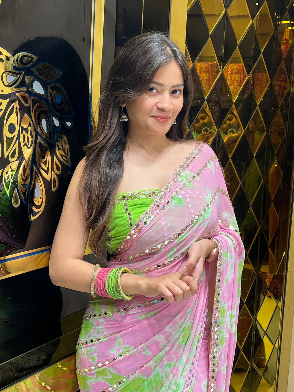 Pastel Shade Original Mirror Work Saree (251)