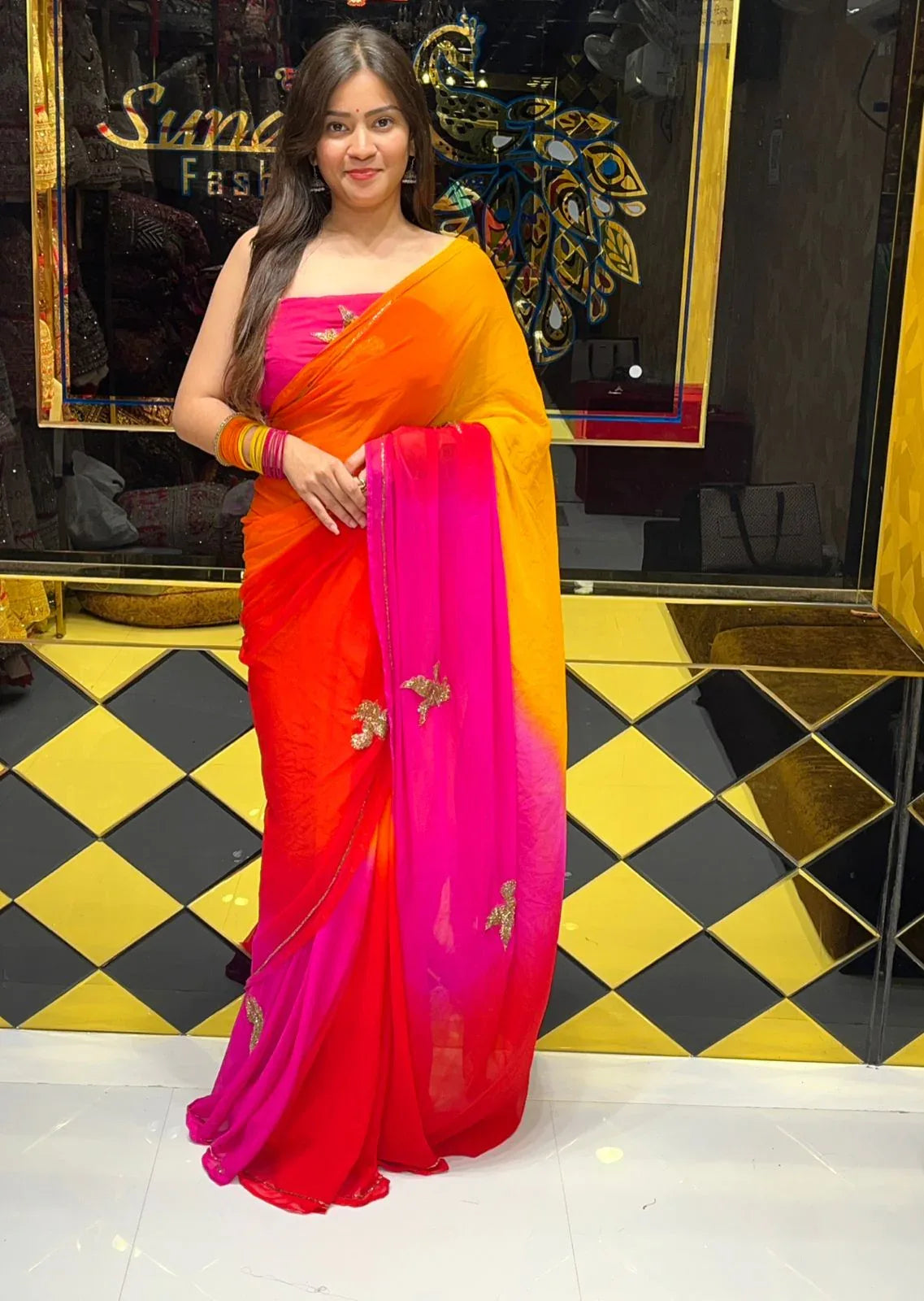 Multi Shade Bird  Handcrafted Saree (250)