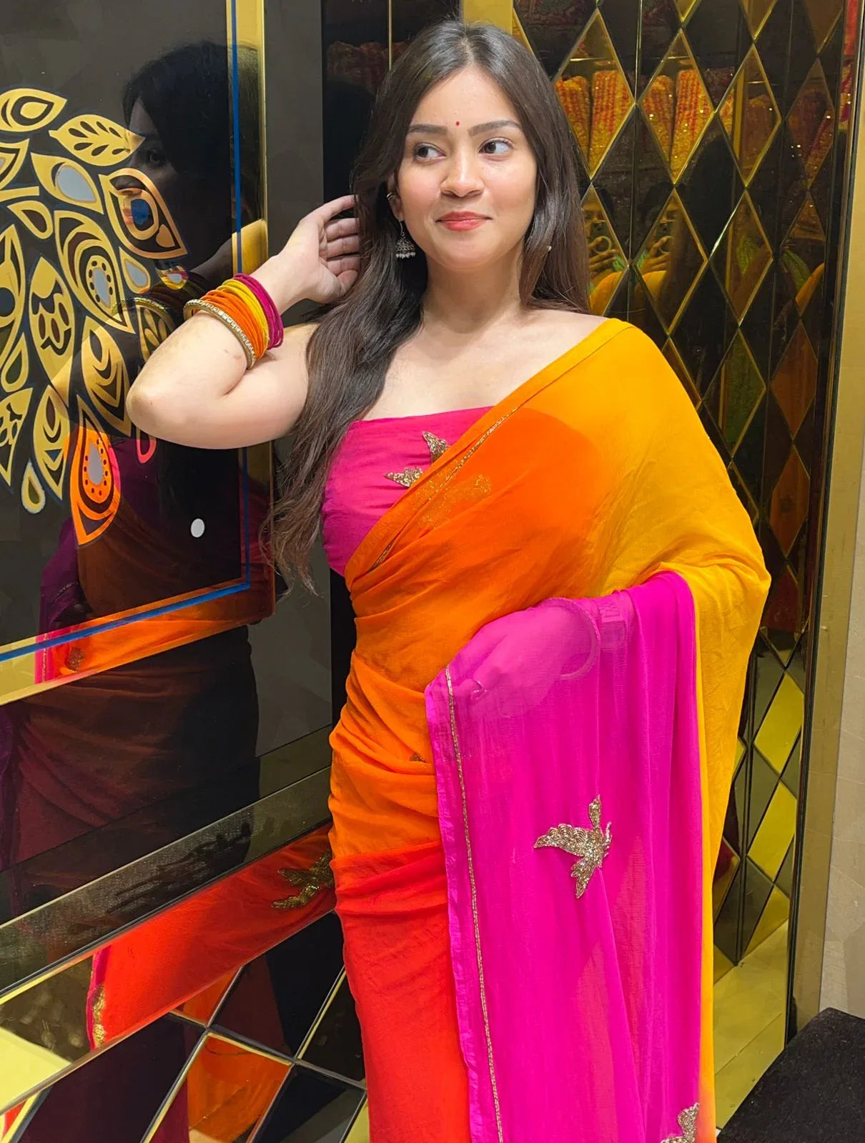 Multi Shade Bird  Handcrafted Saree (250)