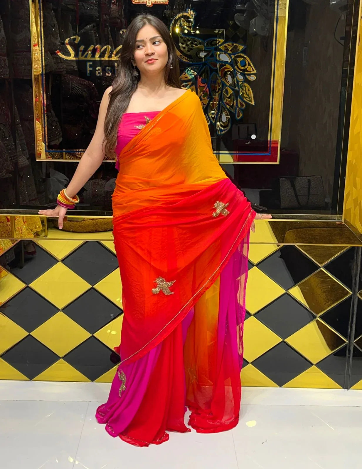 Multi Shade Bird  Handcrafted Saree (250)