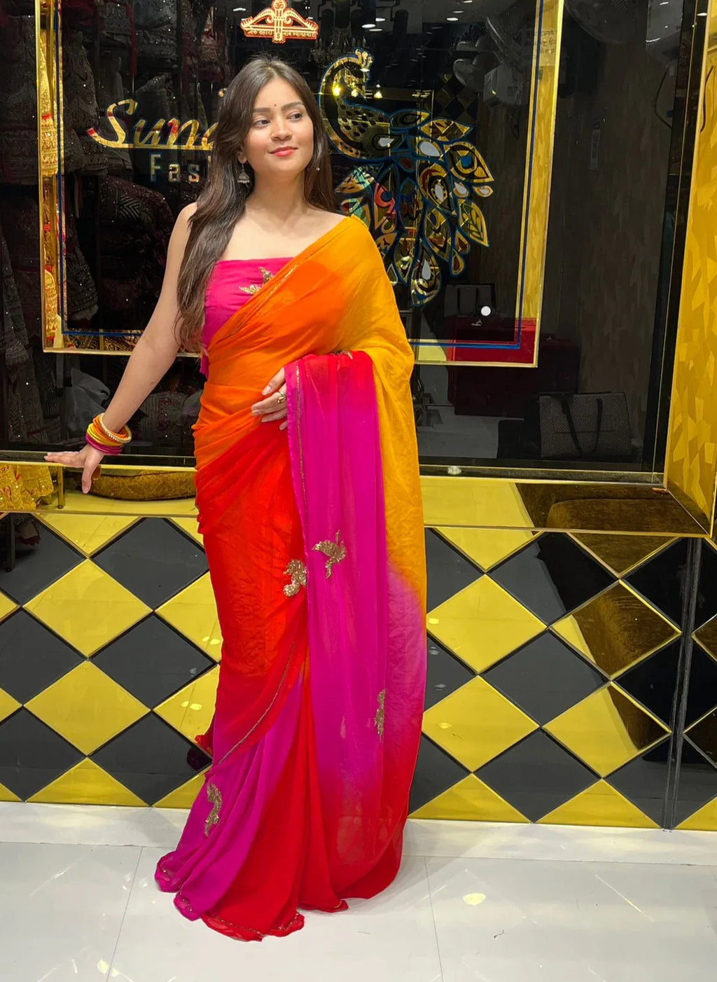 Multi Shade Bird  Handcrafted Saree (250)