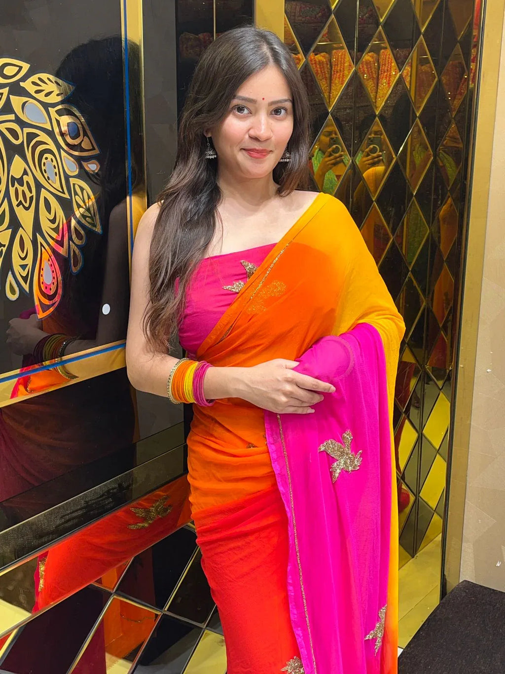 Multi Shade Bird  Handcrafted Saree (250)