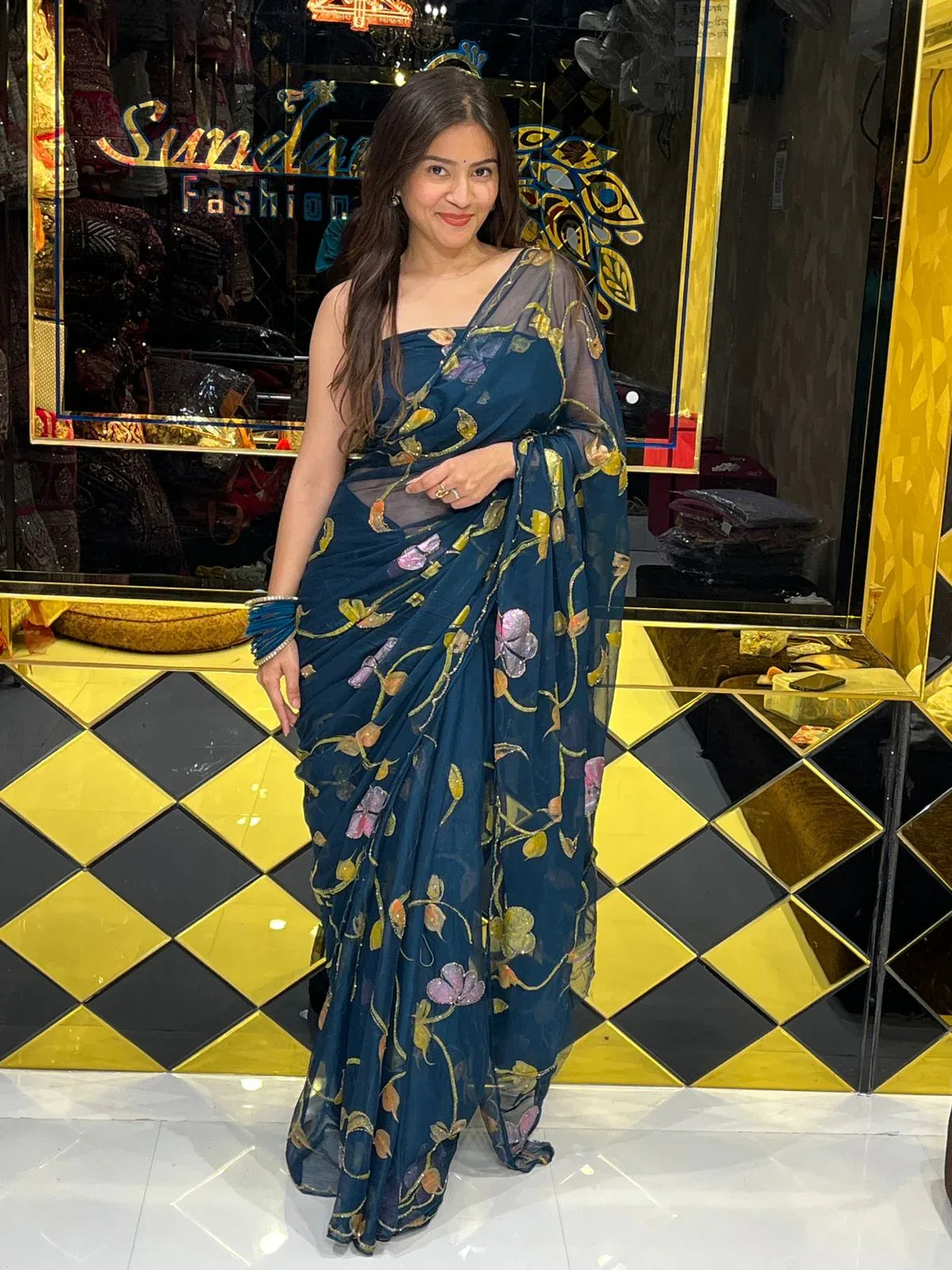 Blue Shade Floral Multi Color Handcrafted Saree (247)