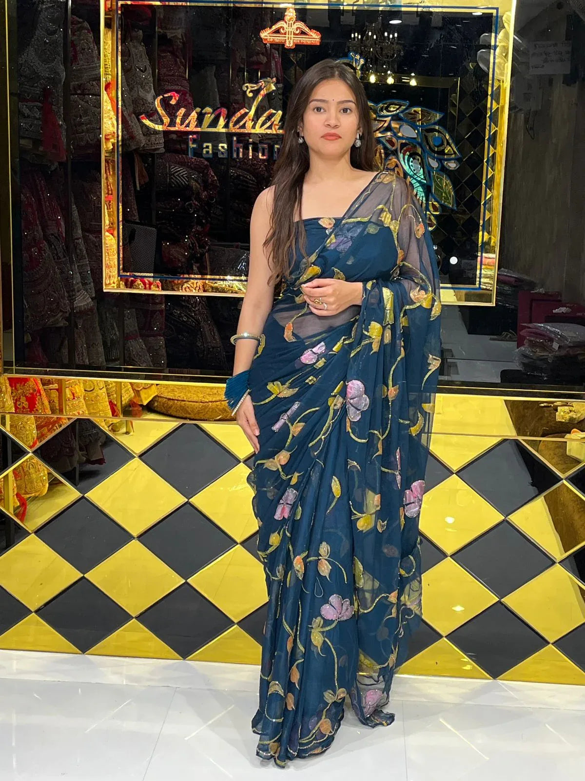 Blue Shade Floral Multi Color Handcrafted Saree (247)