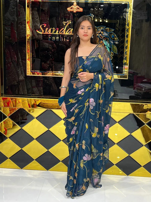Blue Shade Floral Multi Color Handcrafted Saree (247)