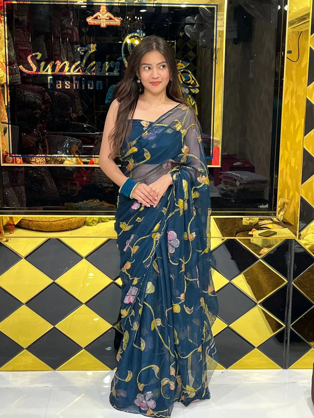 Blue Shade Floral Multi Color Handcrafted Saree (247)