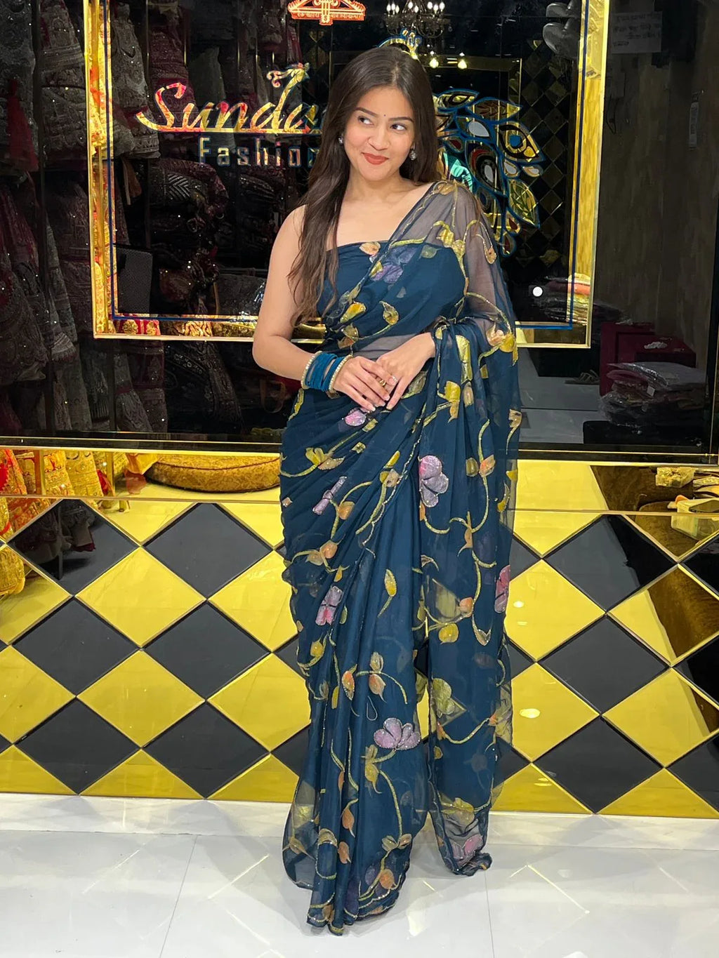 Blue Shade Floral Multi Color Handcrafted Saree (247)