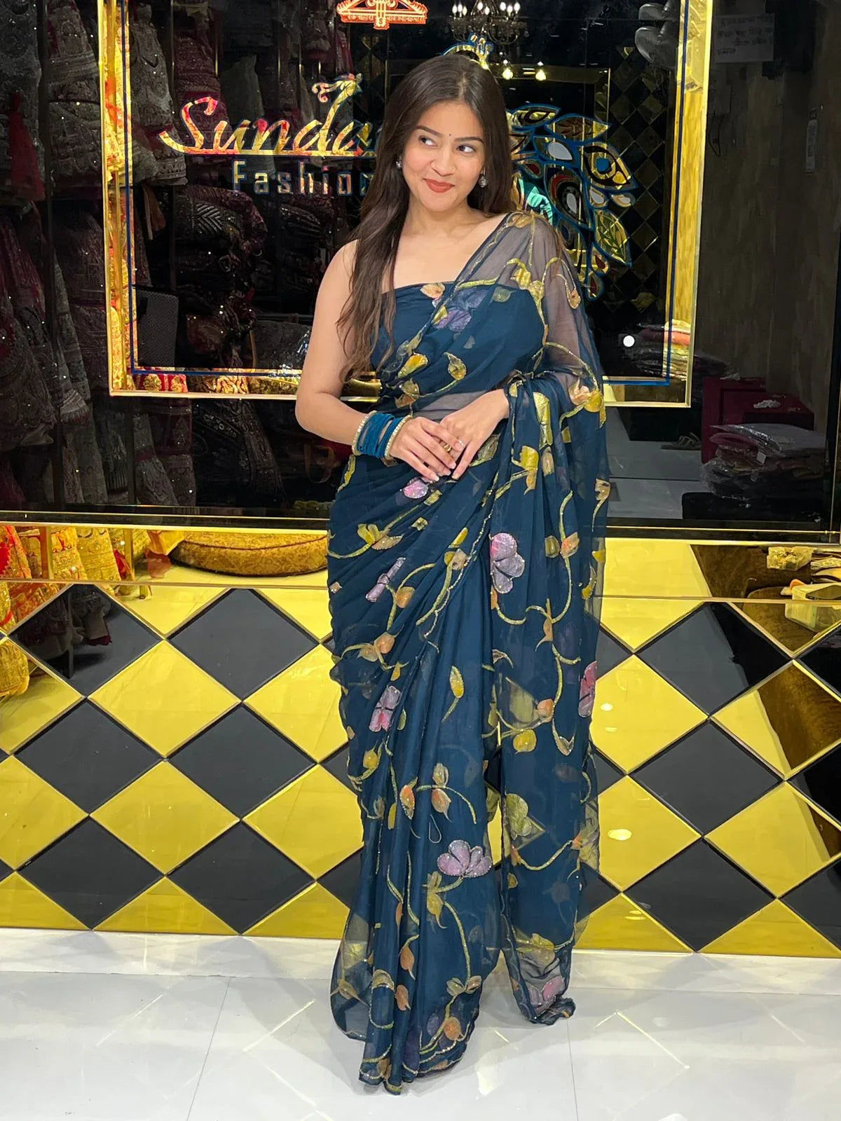 Blue Shade Floral Multi Color Handcrafted Saree (247)