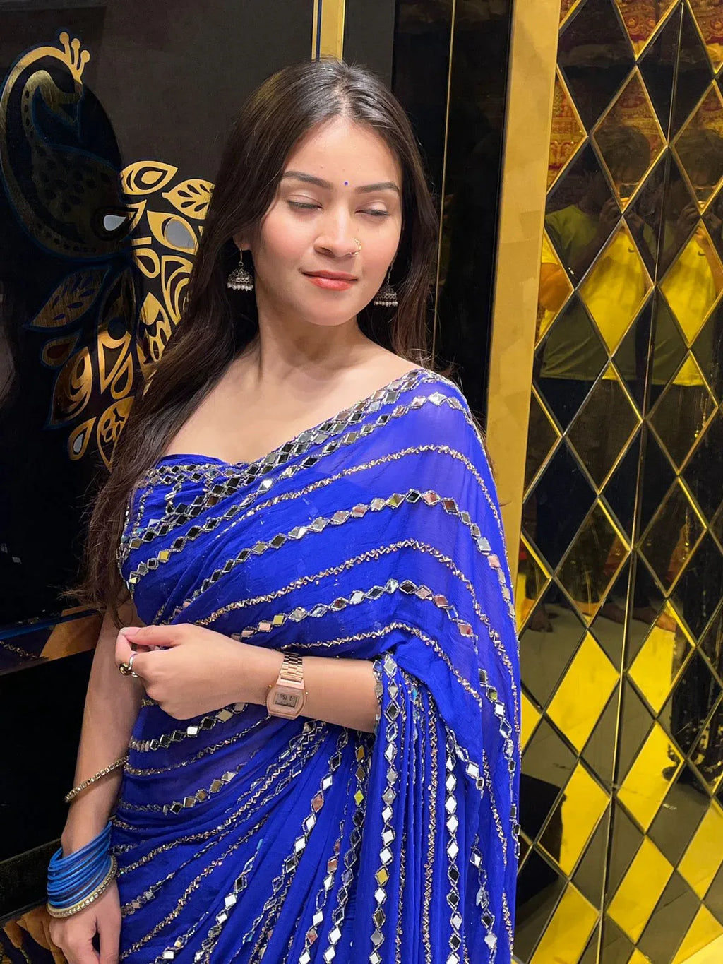 Blue  Katdana Premium Handwork Pure Chiffon Saree (255)