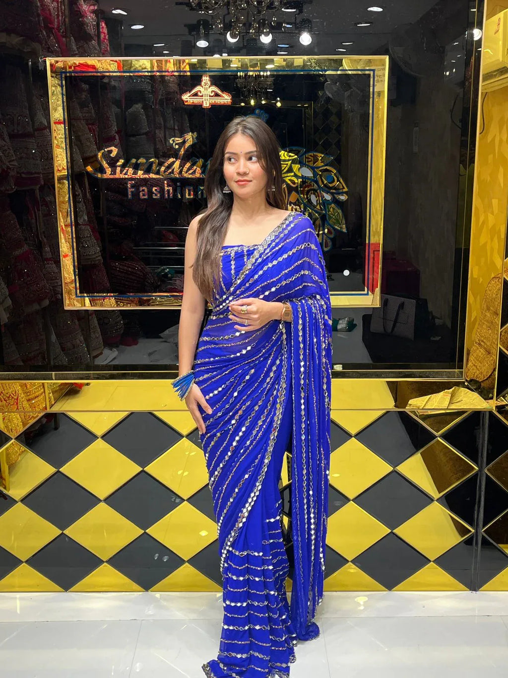 Blue  Katdana Premium Handwork Pure Chiffon Saree (255)