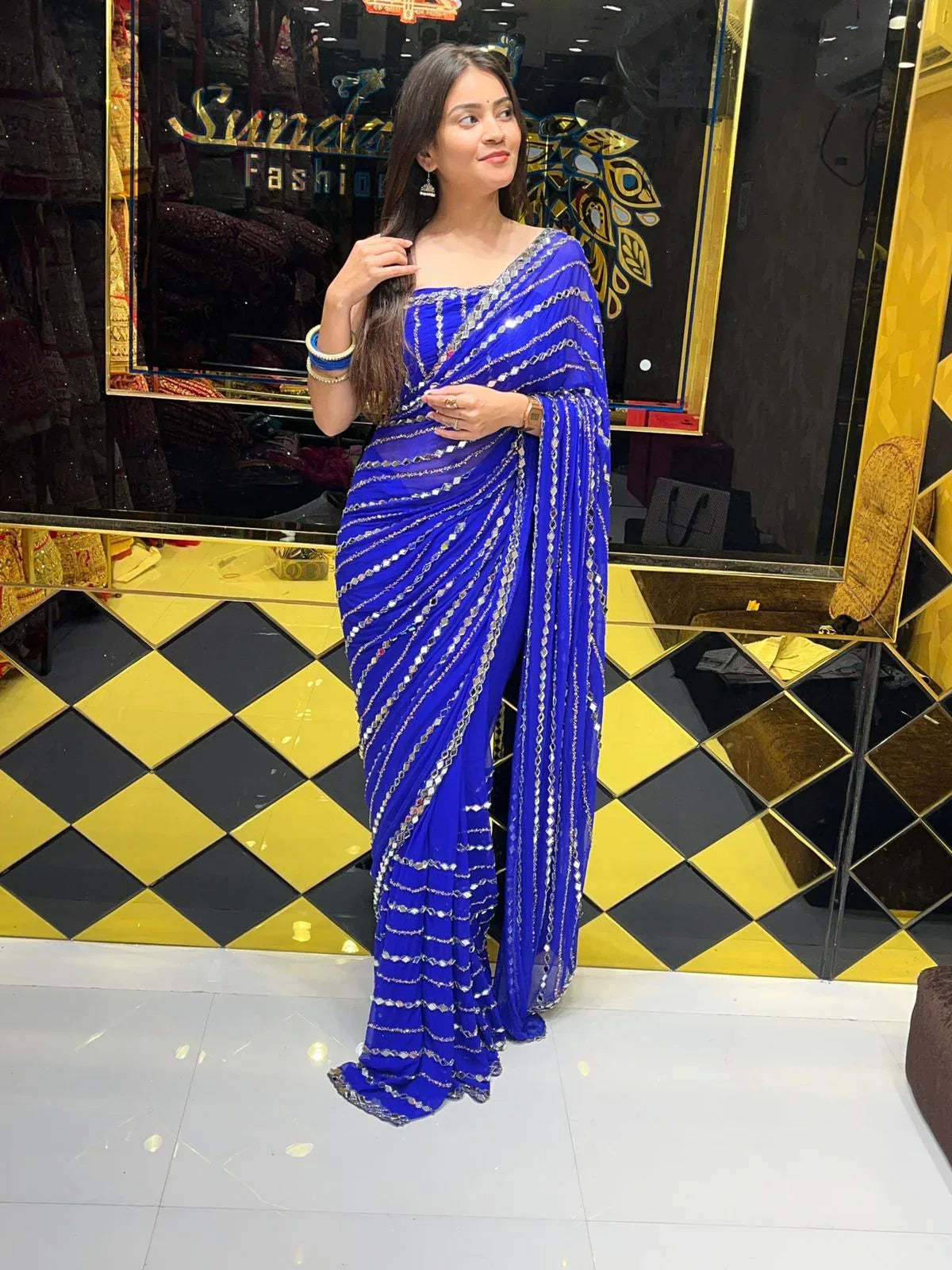 Blue  Katdana Premium Handwork Pure Chiffon Saree (255)