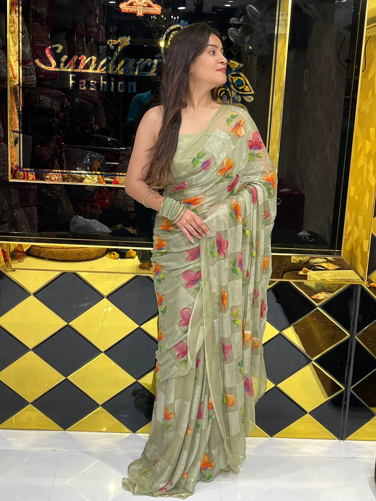 Green Multi Floral Handcrafted Saree (253)