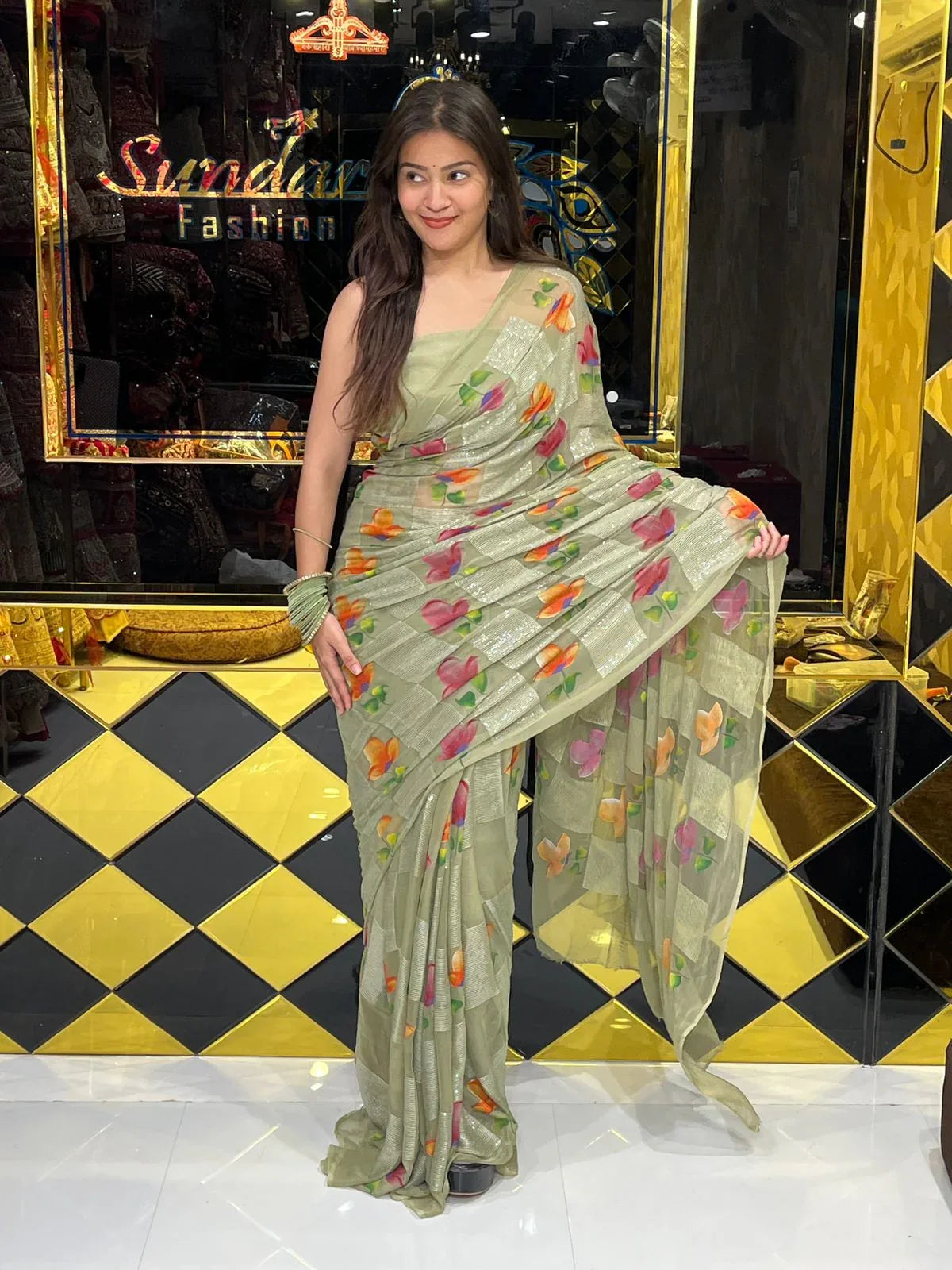 Green Multi Floral Handcrafted Saree (253)