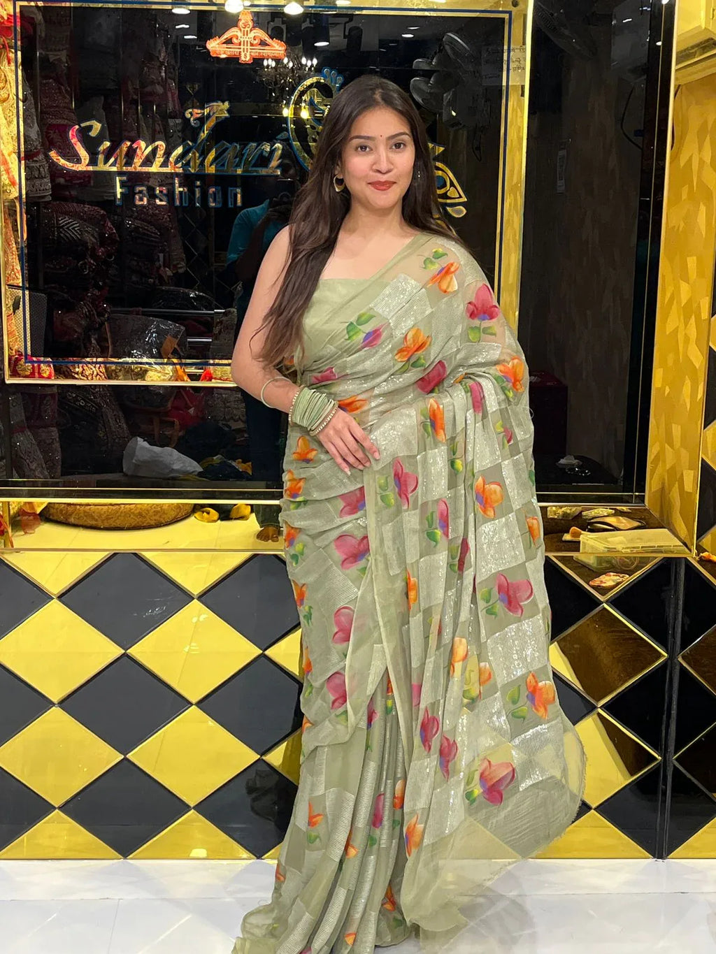 Green Multi Floral Handcrafted Saree (253)