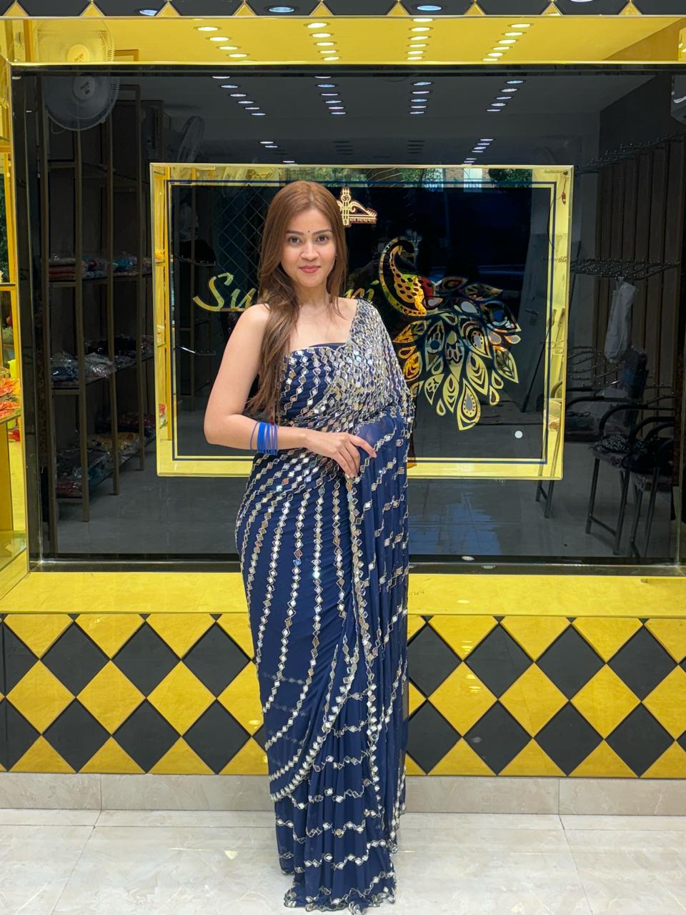 Blue Full Mirror Work Saree (257)