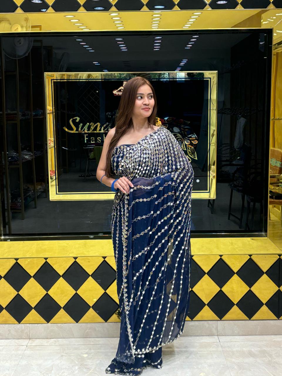 Blue Full Mirror Work Saree (257)