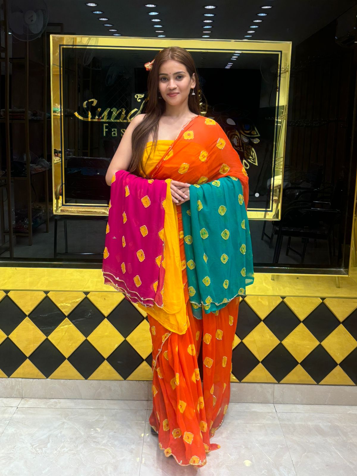 Orange Bandhej Saree