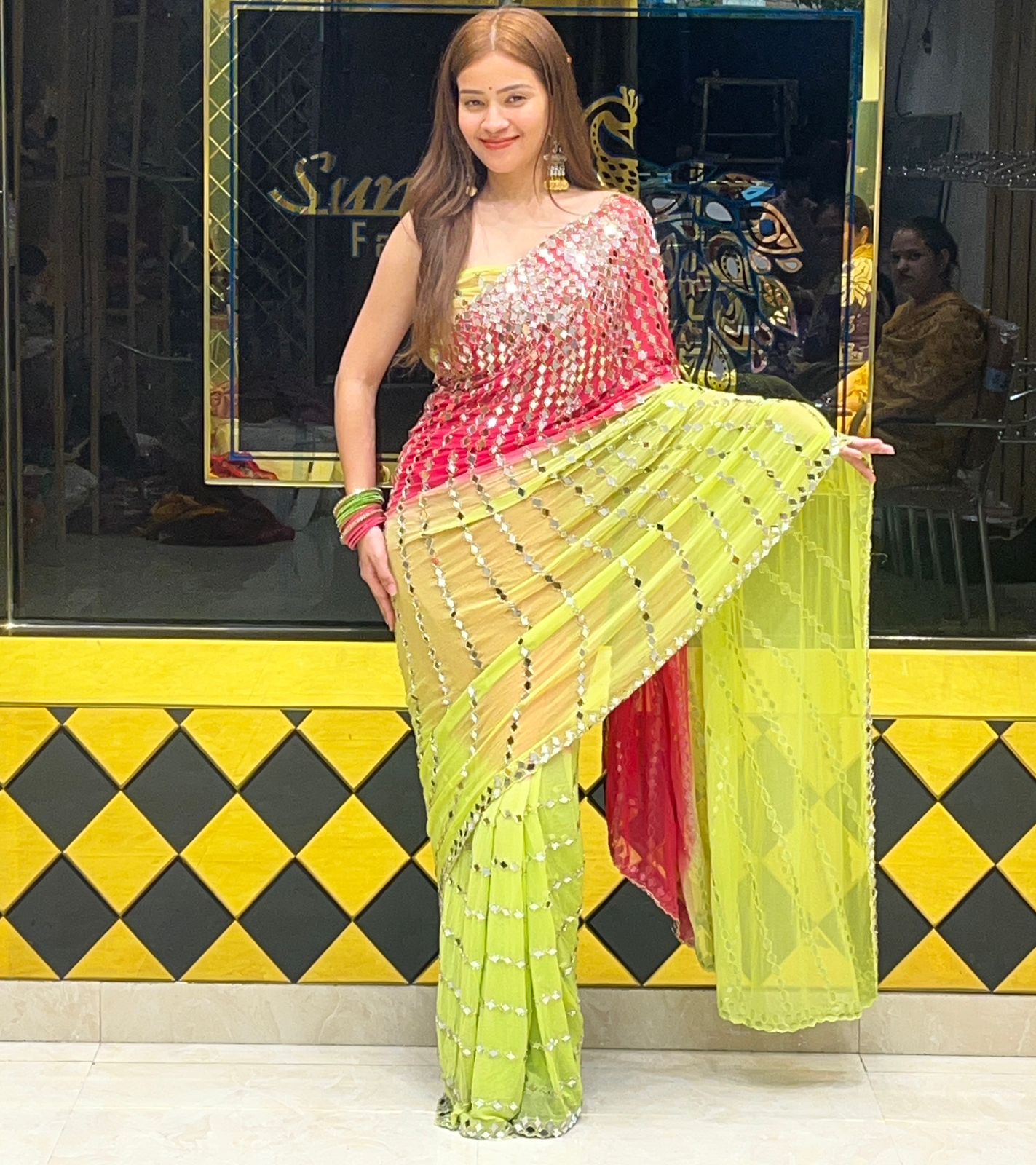 Celebrity Style Dual Colour Full Mirror Work Saree (266)