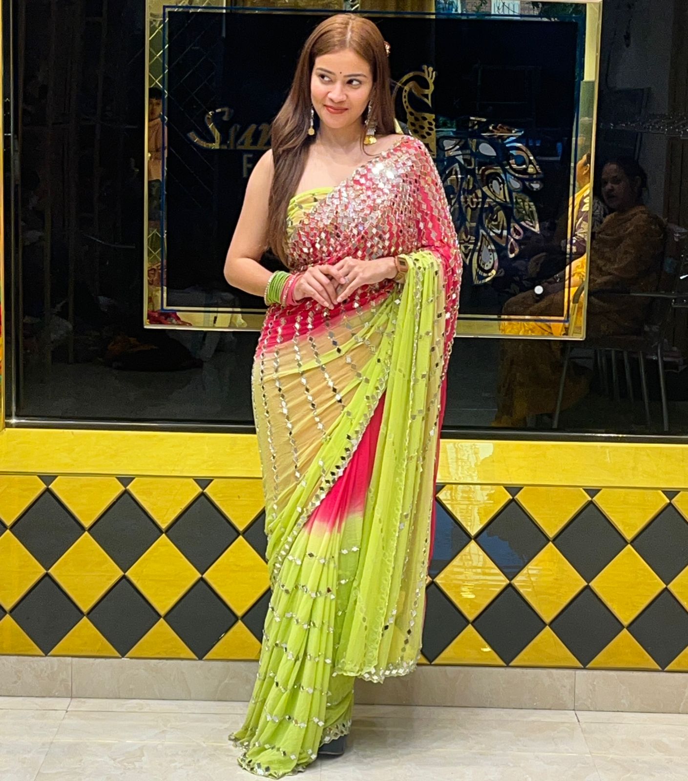 Celebrity Style Dual Colour Full Mirror Work Saree (266)