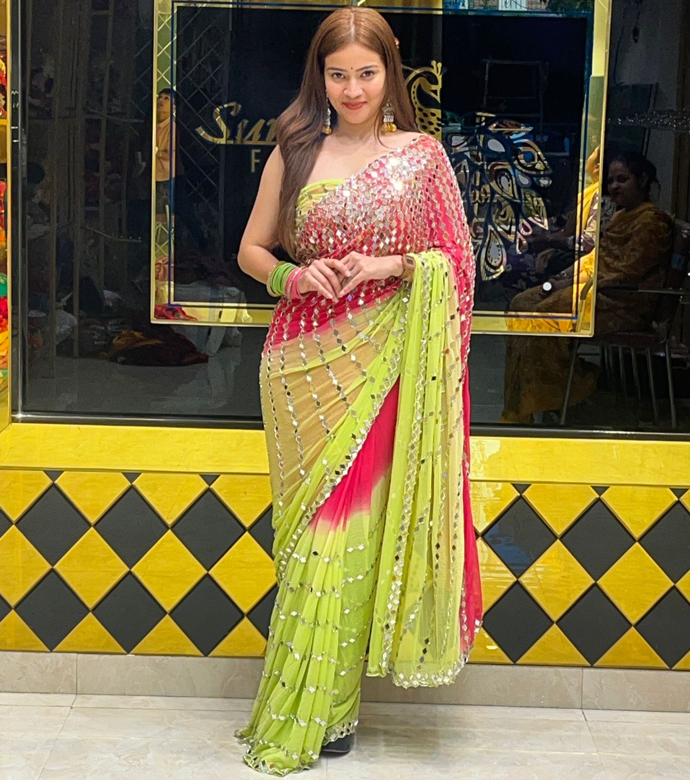 Celebrity Style Dual Colour Full Mirror Work Saree (266)