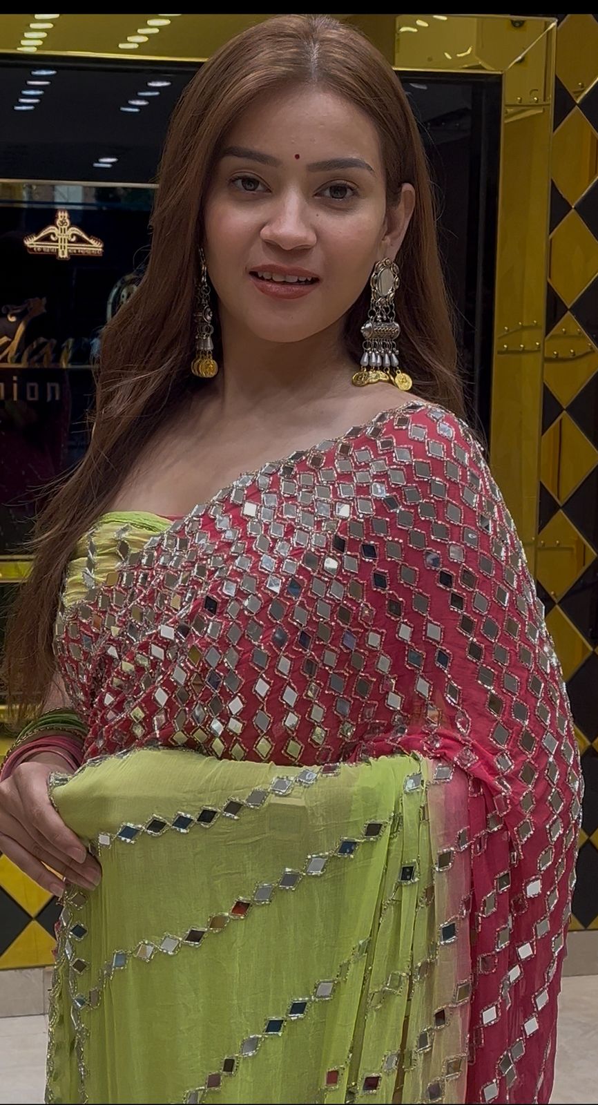 Celebrity Style Dual Colour Full Mirror Work Saree (266)