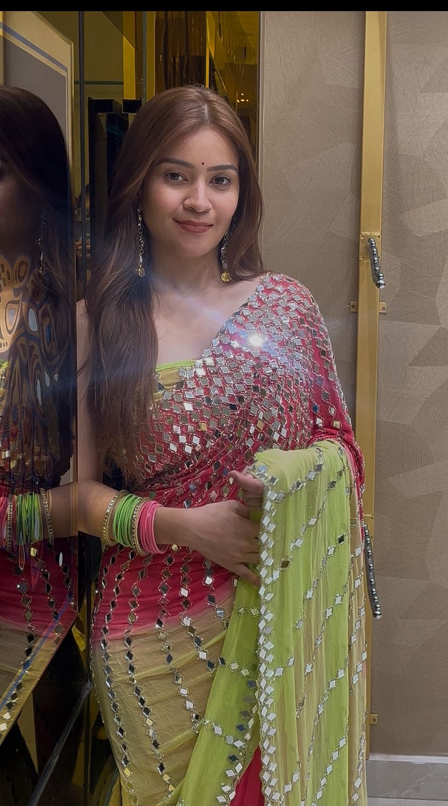 Celebrity Style Dual Colour Full Mirror Work Saree (266)