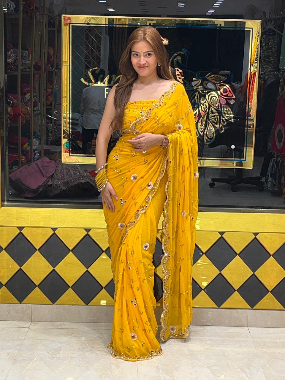 Yellow Multiple Sequence Handwork Chiffon Saree (267)