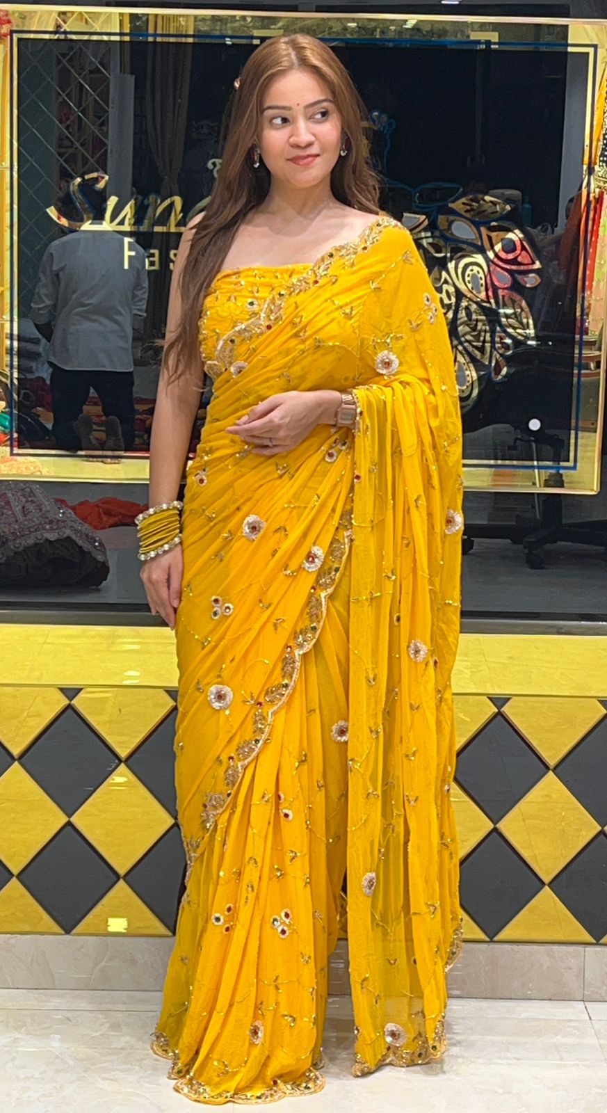 Yellow Multiple Sequence Handwork Chiffon Saree (267)