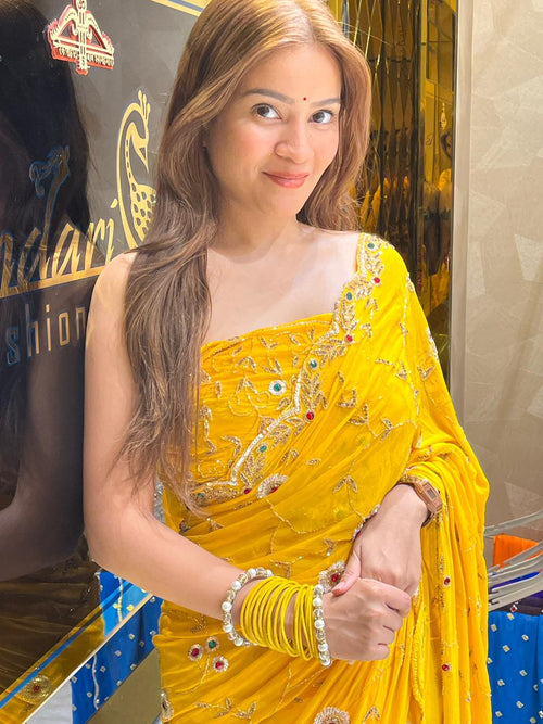 Yellow Multiple Sequence Handwork Chiffon Saree (267)